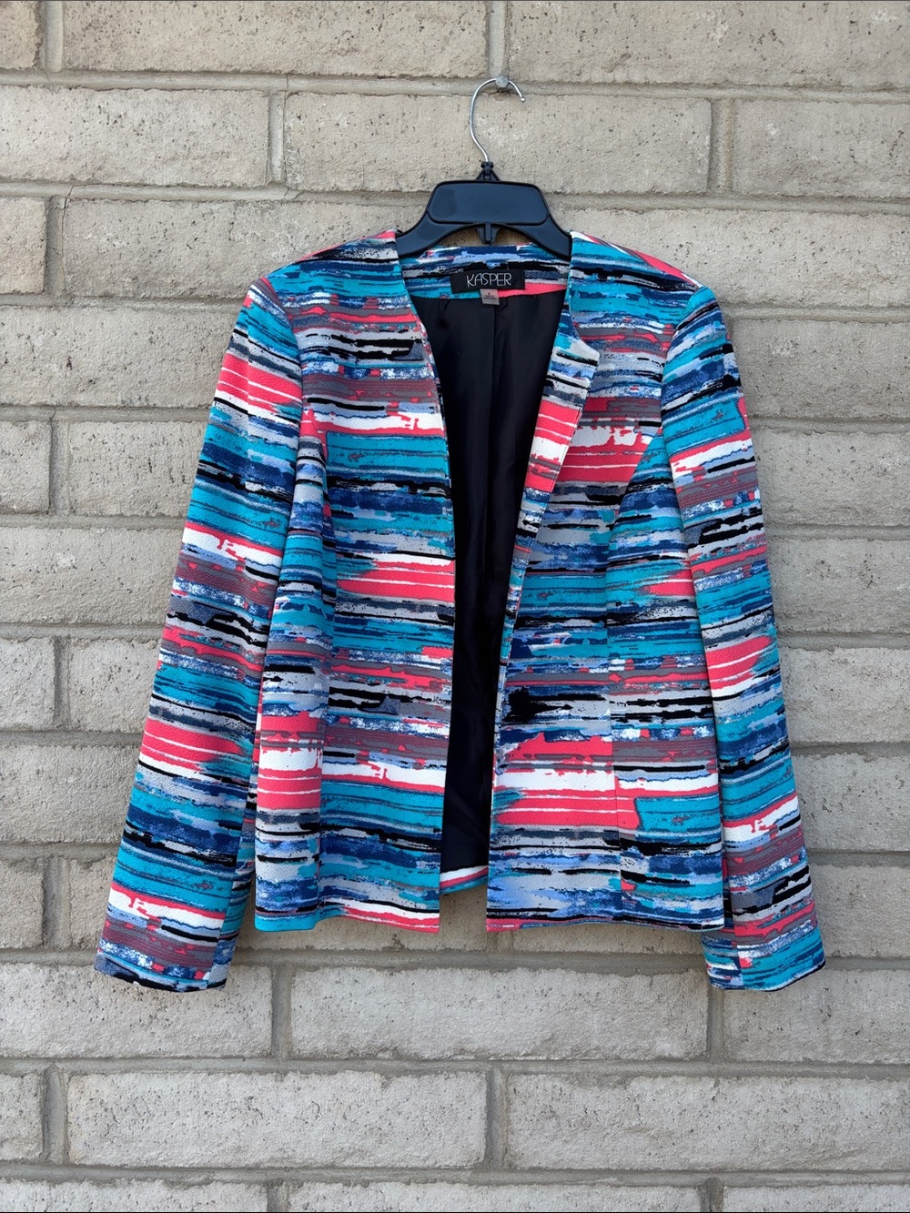 Kasper Women's Multi-Stripe Open Front Blazer in Blue and Pink Size 8